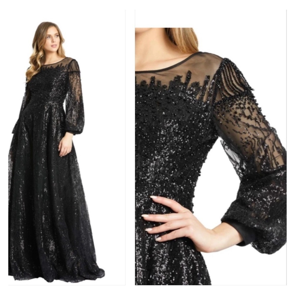 Mac Duggal 20307 NWT JEWEL ENCRUSTED ILLUSION LONG SLEEVE A LINE GOWN